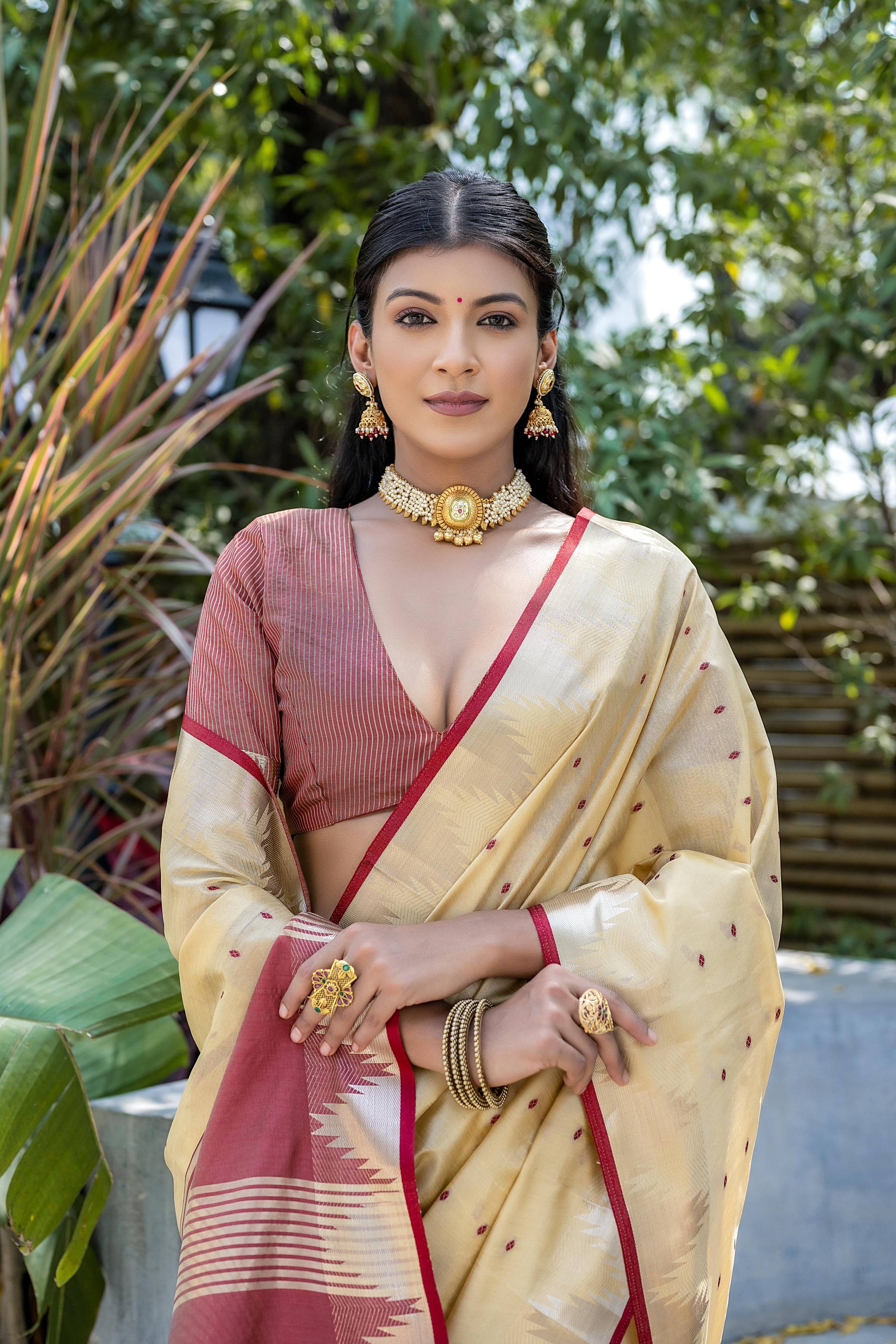 Jyoti Fashion Women's Cream Tussar Silk Temple Border with Zari Lining Traditional Saree with Blouse - Distacart