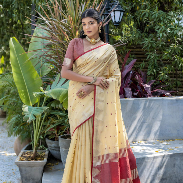 Jyoti Fashion Women's Cream Tussar Silk Temple Border with Zari Lining Traditional Saree with Blouse - Distacart