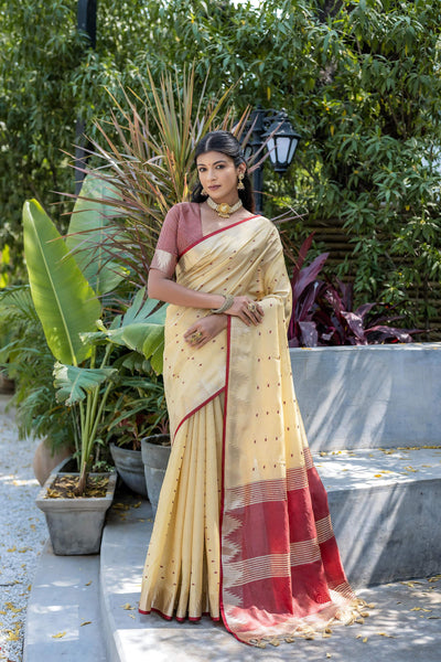 Jyoti Fashion Women's Cream Tussar Silk Temple Border with Zari Lining Traditional Saree with Blouse - Distacart