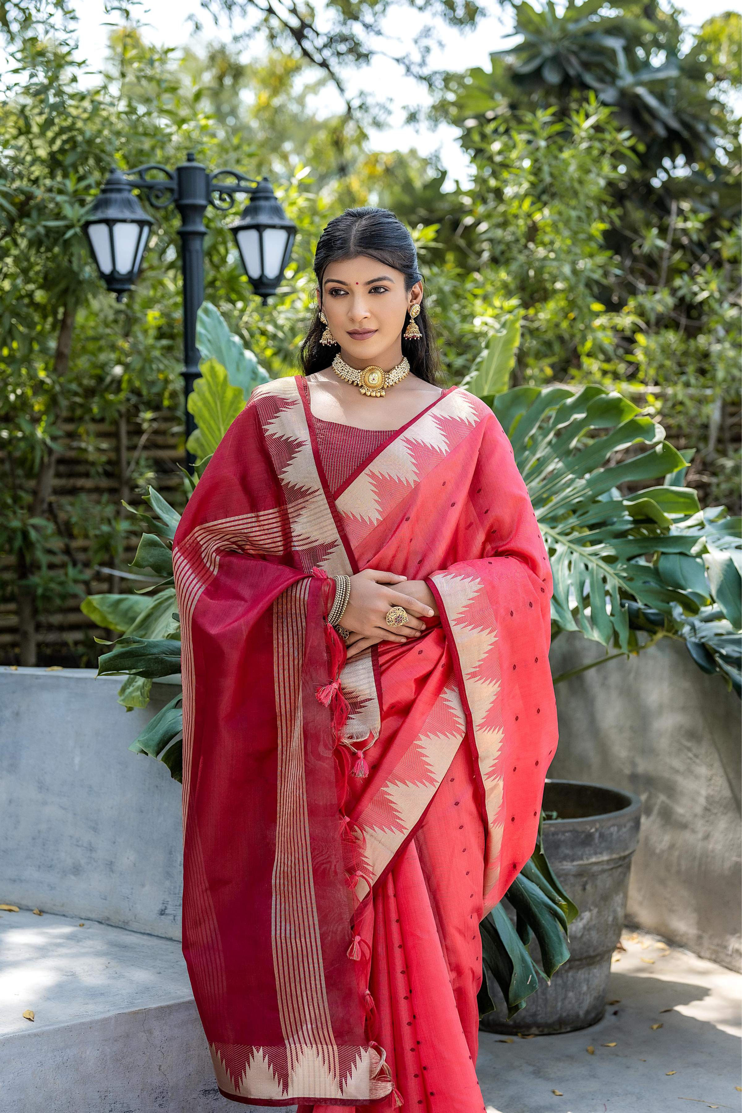 Jyoti Fashion Women's Coral Tussar Silk Temple Border with Zari Lining Traditional Saree with Blouse - Distacart