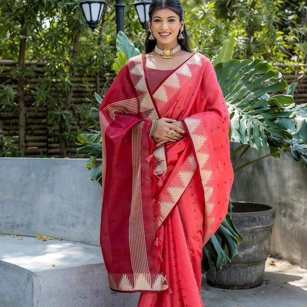Jyoti Fashion Women's Coral Tussar Silk Temple Border with Zari Lining Traditional Saree with Blouse - Distacart