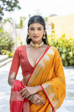 Thumbnail for Jyoti Fashion Women's Mustard Tussar Silk Temple Border with Zari Lining Traditional Saree with Blouse - Distacart