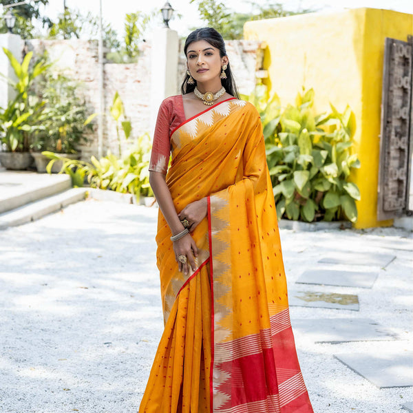 Jyoti Fashion Women's Mustard Tussar Silk Temple Border with Zari Lining Traditional Saree with Blouse - Distacart