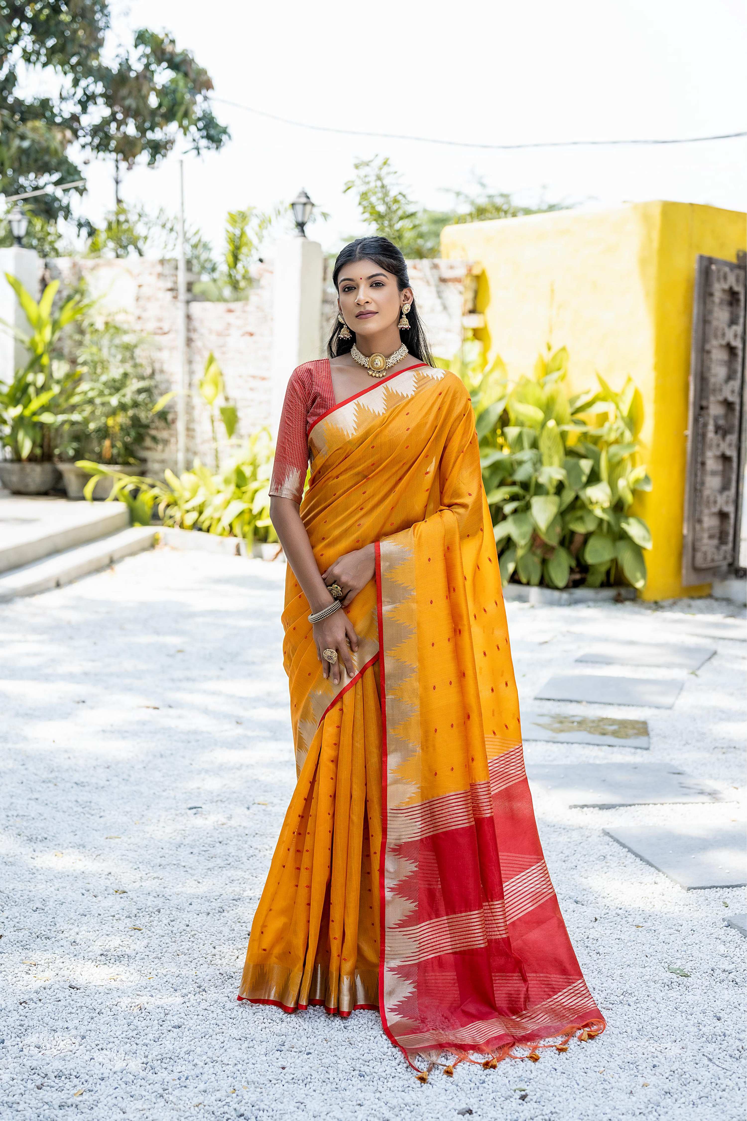 Jyoti Fashion Women's Mustard Tussar Silk Temple Border with Zari Lining Traditional Saree with Blouse - Distacart