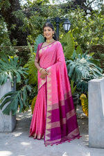 Thumbnail for Jyoti Fashion Women's Pink Tussar Silk Temple Border with Zari Lining Traditional Saree with Blouse - Distacart