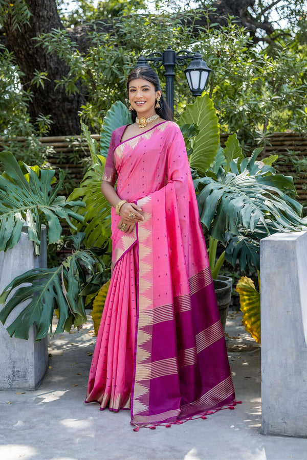 Jyoti Fashion Women's Pink Tussar Silk Temple Border with Zari Lining Traditional Saree with Blouse - Distacart