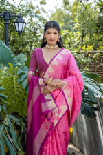 Thumbnail for Jyoti Fashion Women's Pink Tussar Silk Temple Border with Zari Lining Traditional Saree with Blouse - Distacart