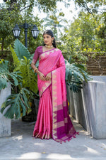 Thumbnail for Jyoti Fashion Women's Pink Tussar Silk Temple Border with Zari Lining Traditional Saree with Blouse - Distacart