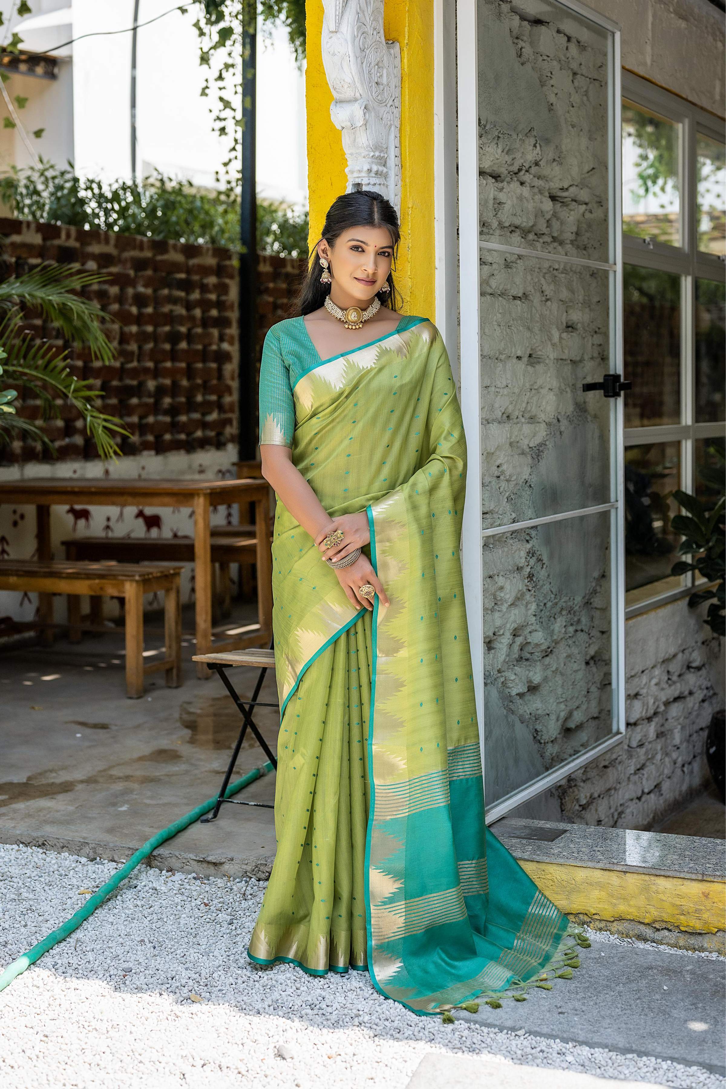 Jyoti Fashion Women's Green Tussar Silk Temple Border with Zari Lining Traditional Saree with Blouse - Distacart
