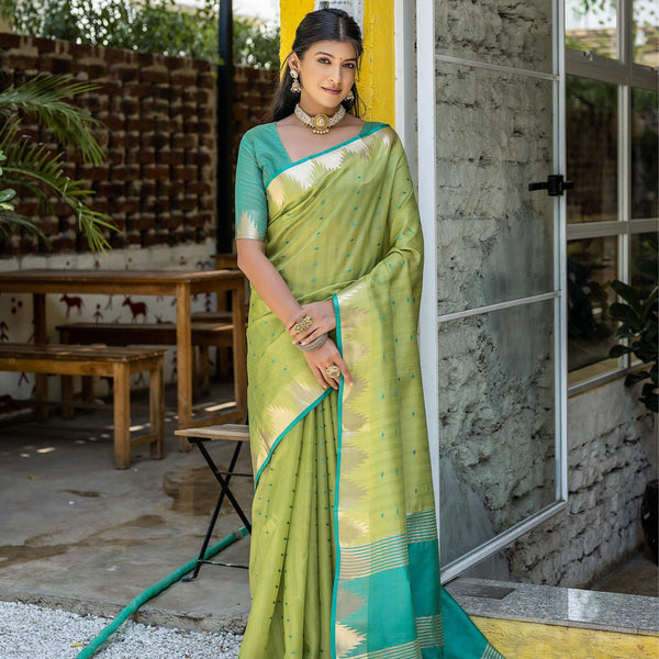 Jyoti Fashion Women's Green Tussar Silk Temple Border with Zari Lining Traditional Saree with Blouse - Distacart