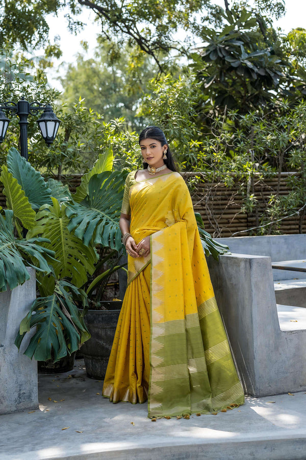 Jyoti Fashion Women's Yellow Tussar Silk Temple Border with Zari Lining Traditional Saree with Blouse - Distacart