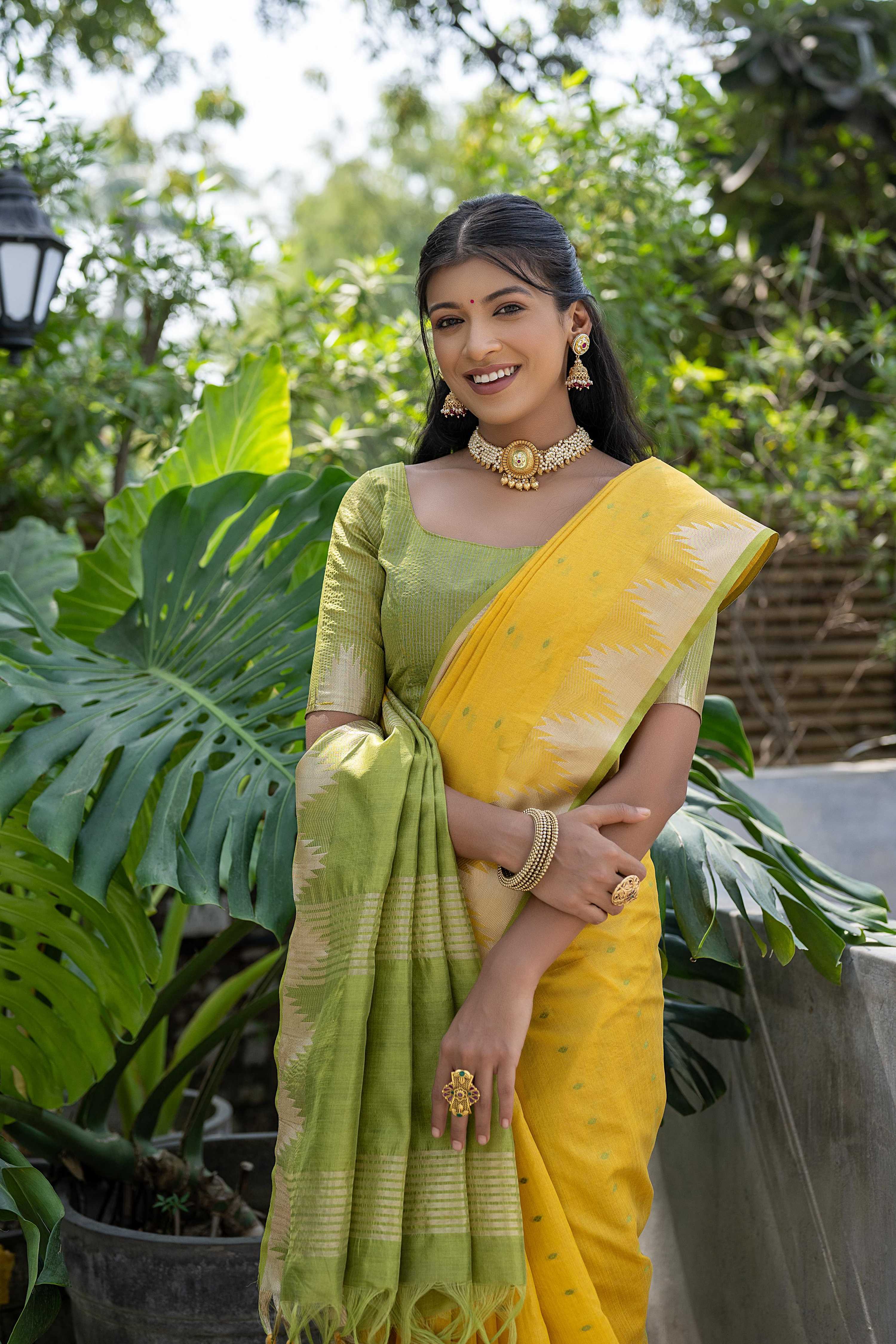 Jyoti Fashion Women's Yellow Tussar Silk Temple Border with Zari Lining Traditional Saree with Blouse - Distacart