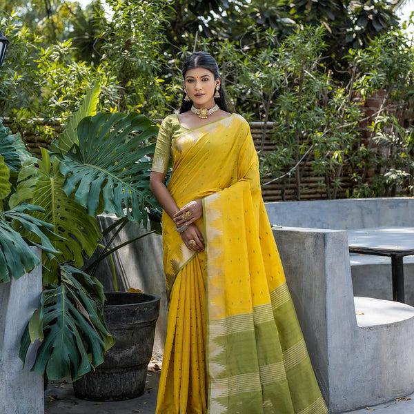 Jyoti Fashion Women's Yellow Tussar Silk Temple Border with Zari Lining Traditional Saree with Blouse - Distacart