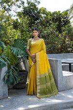 Thumbnail for Jyoti Fashion Women's Yellow Tussar Silk Temple Border with Zari Lining Traditional Saree with Blouse - Distacart