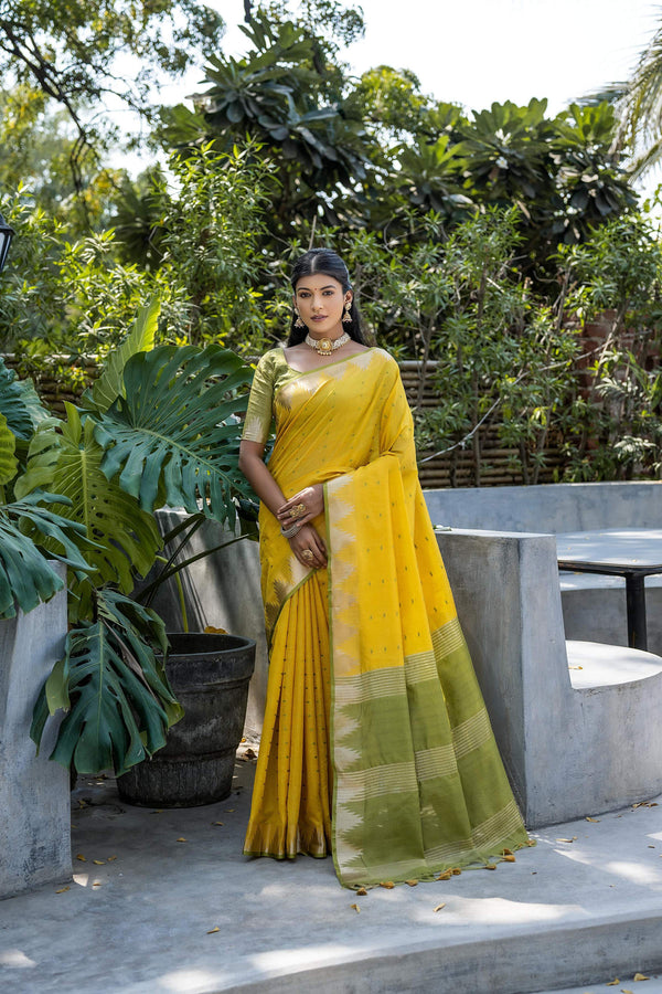 Jyoti Fashion Women's Yellow Tussar Silk Temple Border with Zari Lining Traditional Saree with Blouse - Distacart