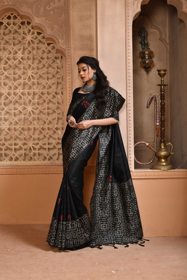 Jyoti Fashion Women's Black Handloom Raw Silk Weaving Pallu Traditional Saree with Blouse - Distacart