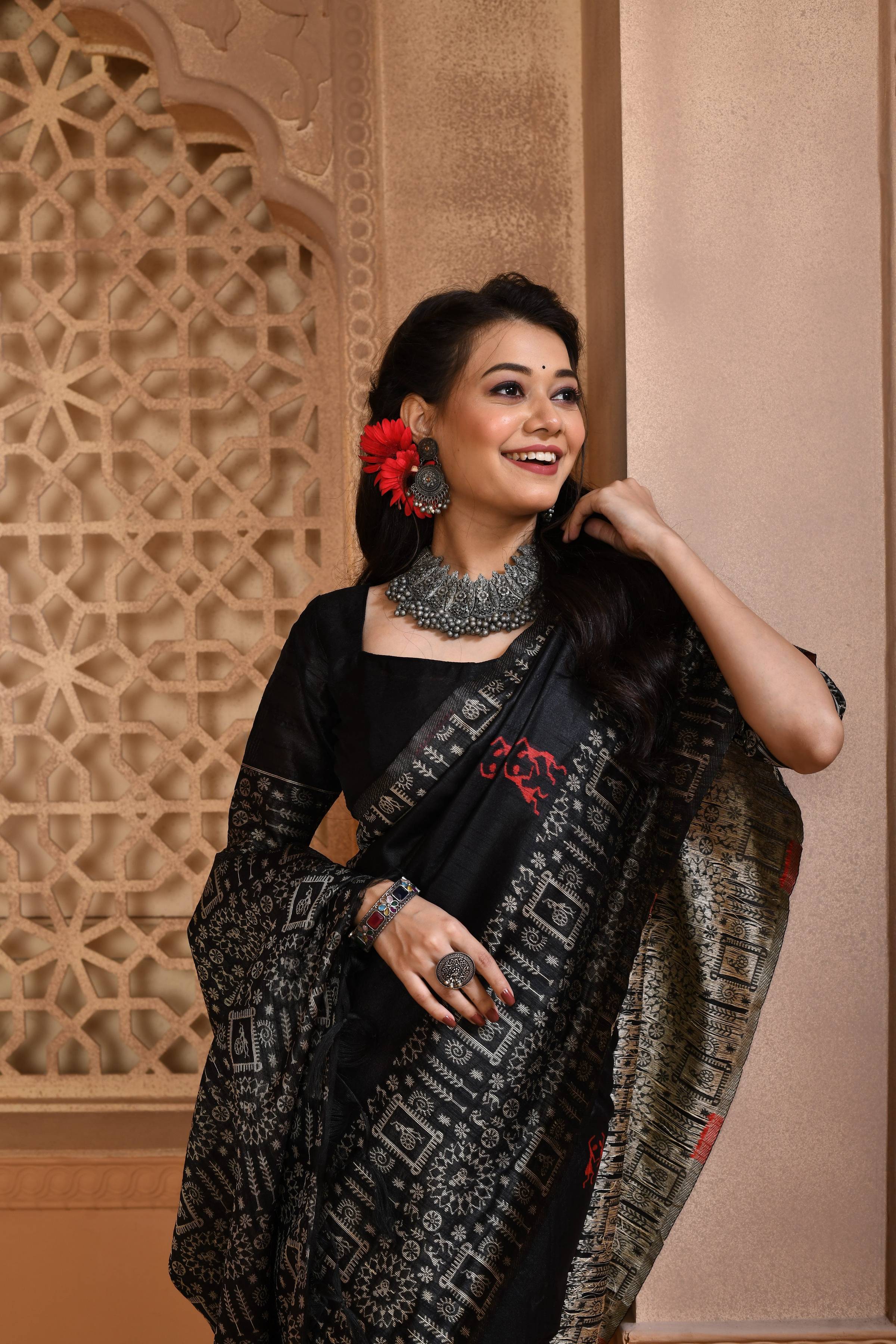 Jyoti Fashion Women's Black Handloom Raw Silk Weaving Pallu Traditional Saree with Blouse - Distacart
