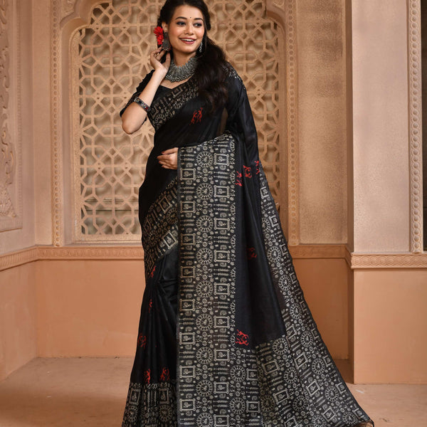 Jyoti Fashion Women's Black Handloom Raw Silk Weaving Pallu Traditional Saree with Blouse - Distacart