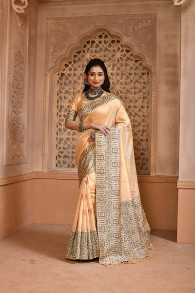 Jyoti Fashion Women's Cream Handloom Raw Silk Weaving Pallu Traditional Saree with Blouse - Distacart