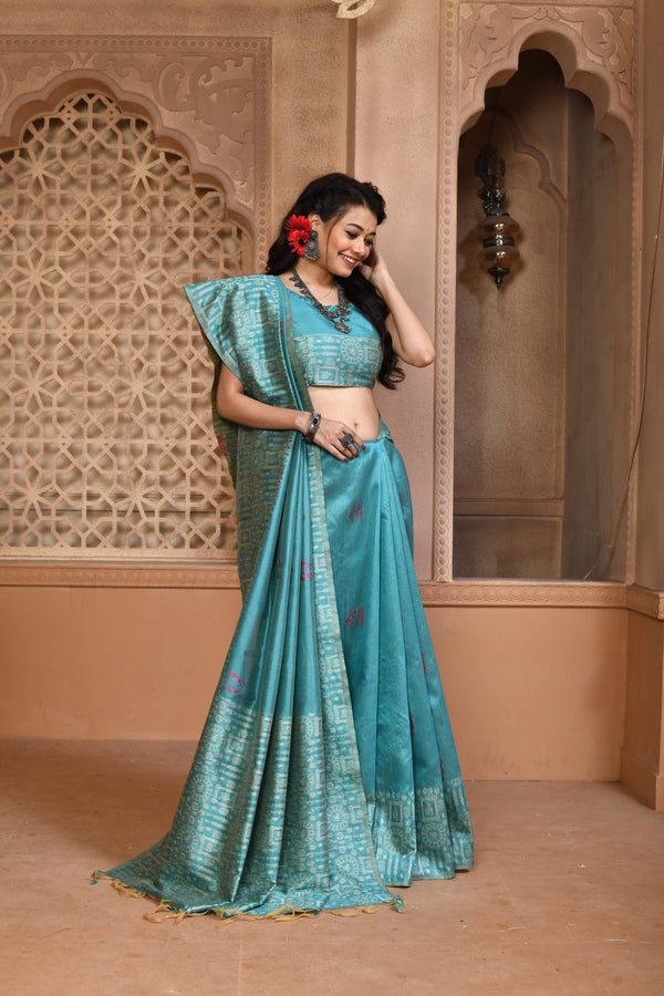 Jyoti Fashion Women's Firozi Handloom Raw Silk Weaving Pallu Traditional Saree with Blouse - Distacart