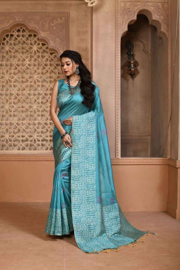 Jyoti Fashion Women's Firozi Handloom Raw Silk Weaving Pallu Traditional Saree with Blouse - Distacart