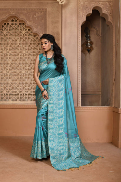 Jyoti Fashion Women's Firozi Handloom Raw Silk Weaving Pallu Traditional Saree with Blouse - Distacart