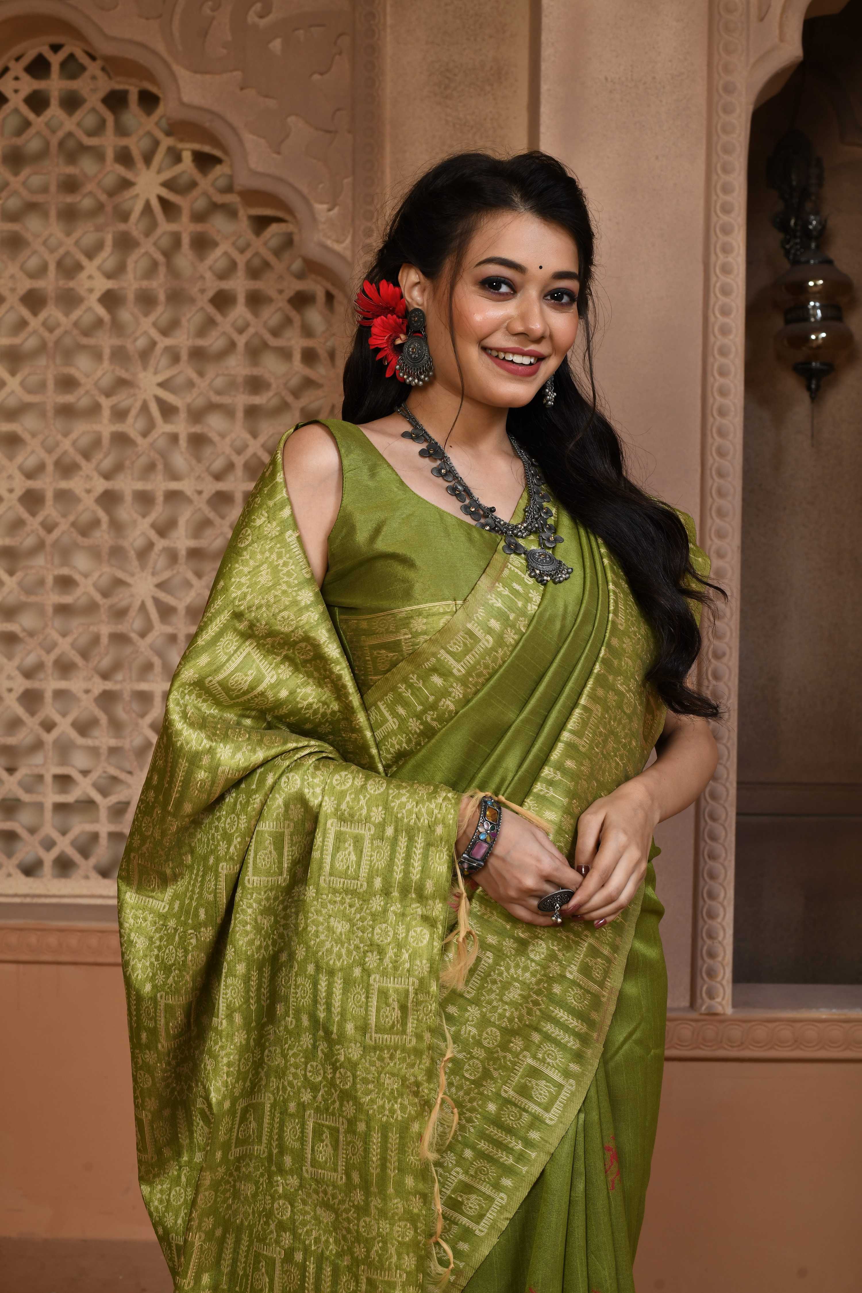 Jyoti Fashion Women's Green Handloom Raw Silk Weaving Pallu Traditional Saree with Blouse - Distacart