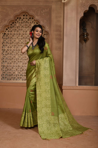 Jyoti Fashion Women's Green Handloom Raw Silk Weaving Pallu Traditional Saree with Blouse - Distacart