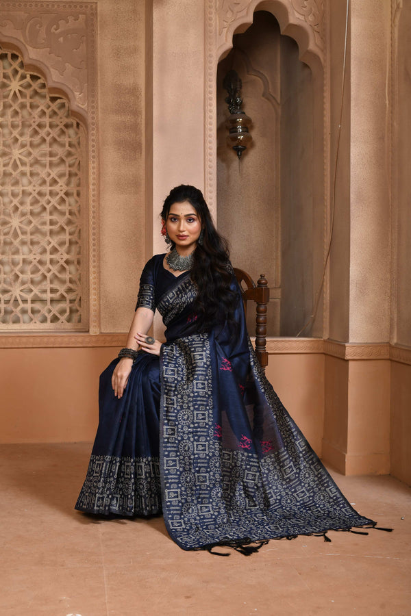 Jyoti Fashion Women's Navy Blue Handloom Raw Silk Weaving Pallu Traditional Saree with Blouse - Distacart