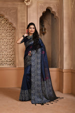 Thumbnail for Jyoti Fashion Women's Navy Blue Handloom Raw Silk Weaving Pallu Traditional Saree with Blouse - Distacart