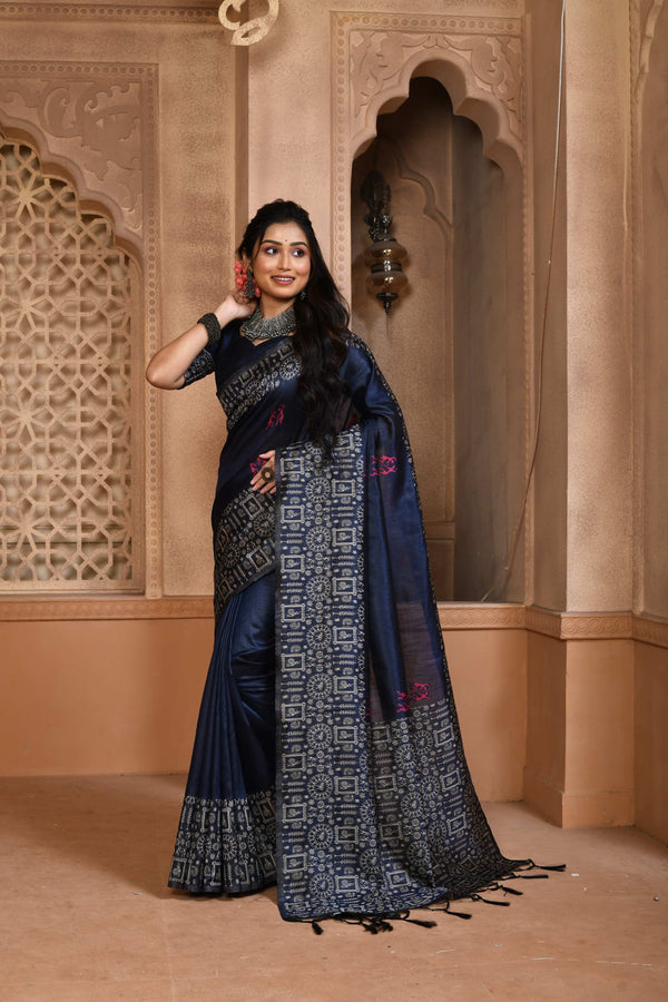 Jyoti Fashion Women's Navy Blue Handloom Raw Silk Weaving Pallu Traditional Saree with Blouse - Distacart