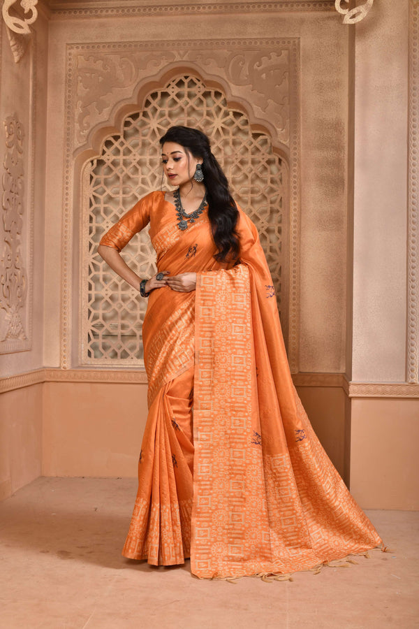 Jyoti Fashion Women's Orange Handloom Raw Silk Weaving Pallu Traditional Saree with Blouse - Distacart
