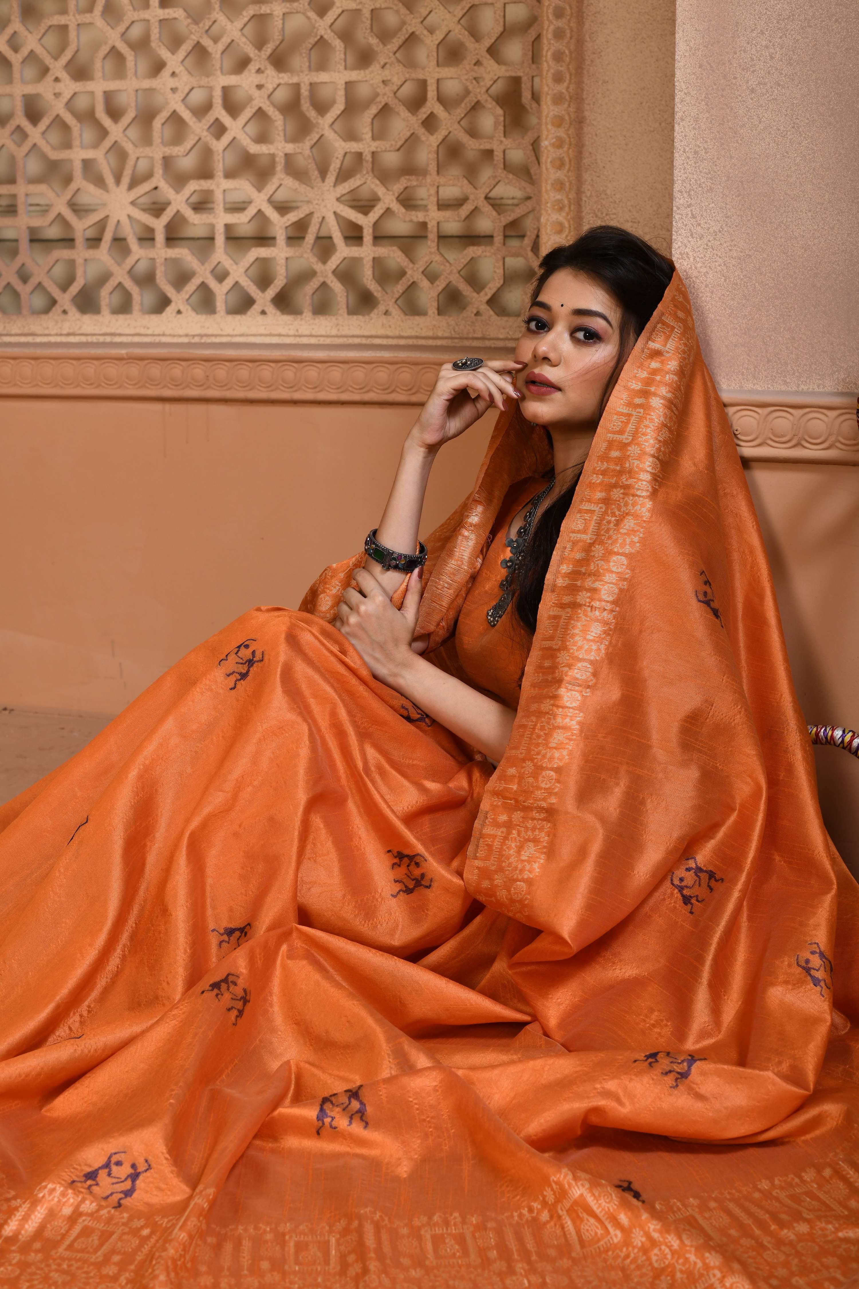 Jyoti Fashion Women's Orange Handloom Raw Silk Weaving Pallu Traditional Saree with Blouse - Distacart