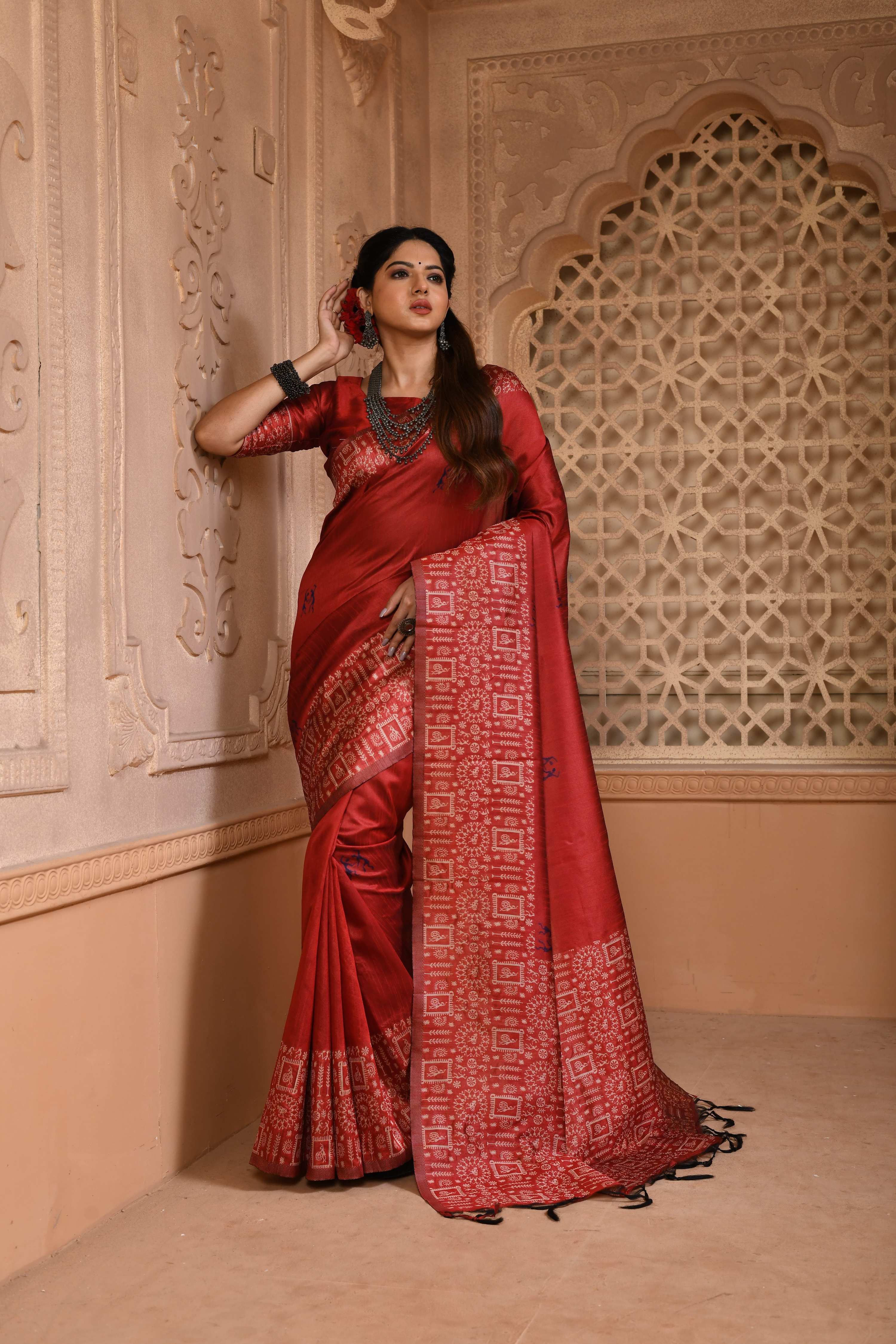 Jyoti Fashion Women's Red Handloom Raw Silk Weaving Pallu Traditional Saree with Blouse - Distacart