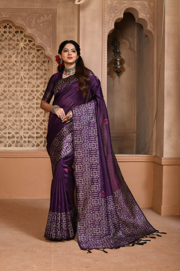Jyoti Fashion Women's Purple Handloom Raw Silk Weaving Pallu Traditional Saree with Blouse - Distacart