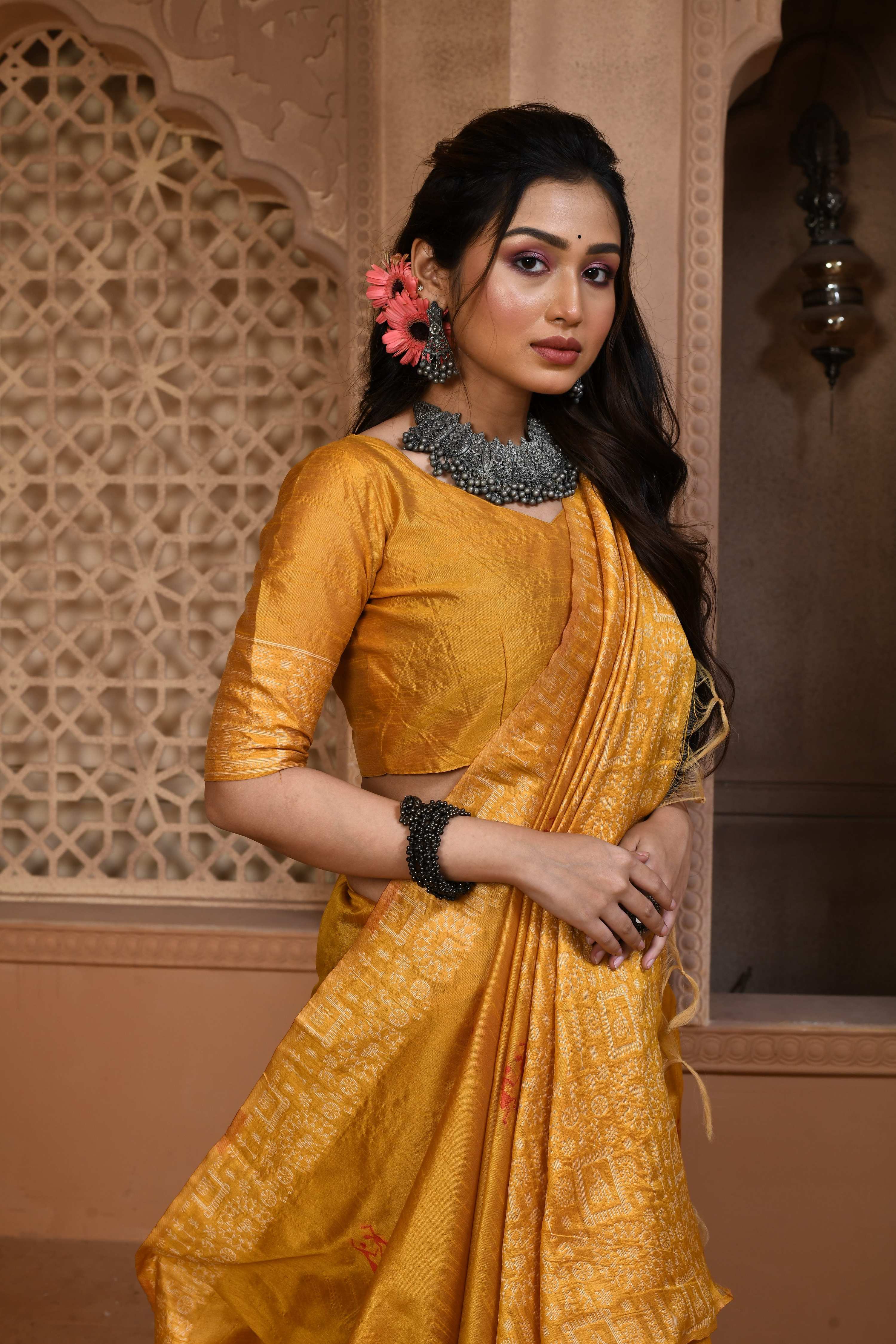 Jyoti Fashion Women's Mustard Handloom Raw Silk Weaving Pallu Traditional Saree with Blouse - Distacart