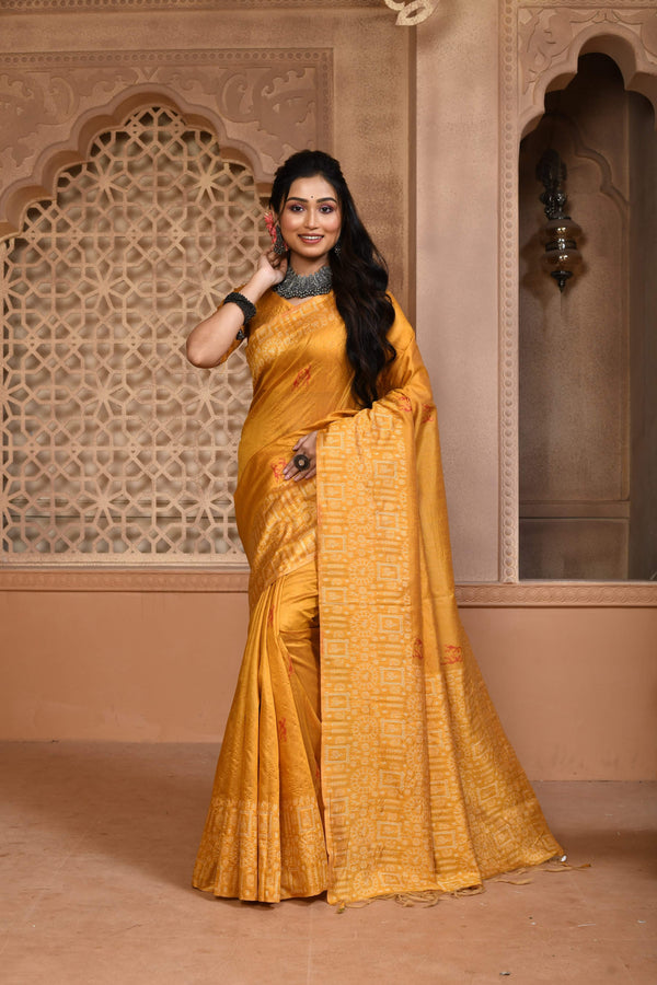 Jyoti Fashion Women's Mustard Handloom Raw Silk Weaving Pallu Traditional Saree with Blouse - Distacart
