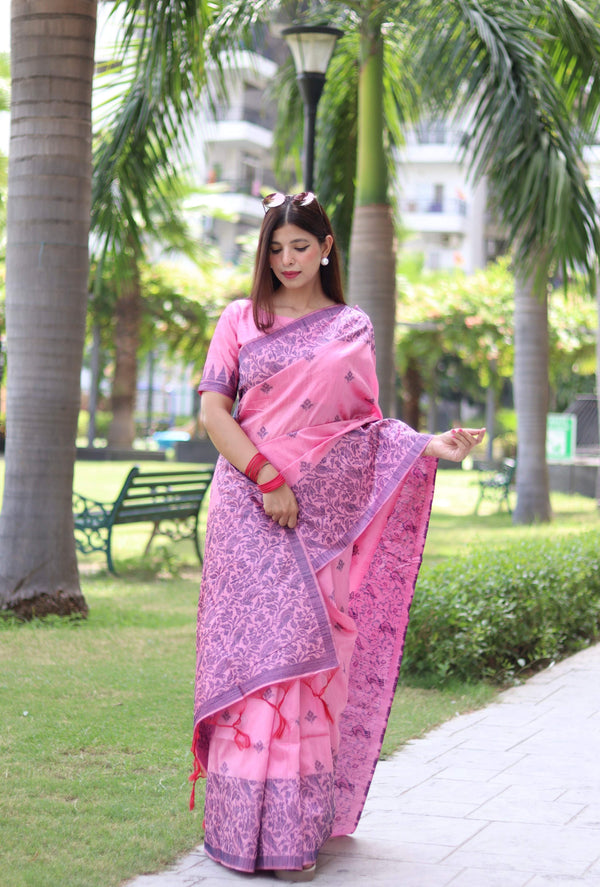 Jyoti Fashion Women's Baby Pink Handloom Raw Silk Weaving Pallu Traditional Saree with Blouse - Distacart