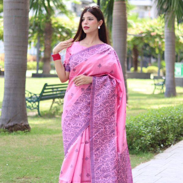 Jyoti Fashion Women's Baby Pink Handloom Raw Silk Weaving Pallu Traditional Saree with Blouse - Distacart