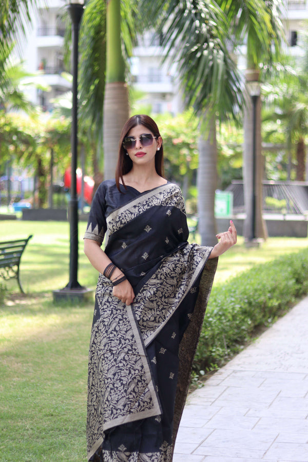 Jyoti Fashion Women's Black Handloom Raw Silk Weaving Pallu Traditional Saree with Blouse - Distacart