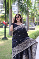 Thumbnail for Jyoti Fashion Women's Black Handloom Raw Silk Weaving Pallu Traditional Saree with Blouse - Distacart