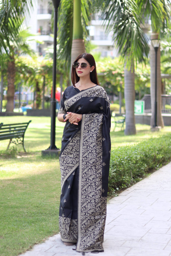 Jyoti Fashion Women's Black Handloom Raw Silk Weaving Pallu Traditional Saree with Blouse - Distacart