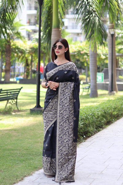 Jyoti Fashion Women's Black Handloom Raw Silk Weaving Pallu Traditional Saree with Blouse - Distacart