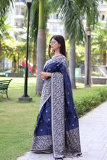 Thumbnail for Jyoti Fashion Women's Navy Blue Handloom Raw Silk Weaving Pallu Traditional Saree with Blouse - Distacart