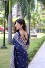 Thumbnail for Jyoti Fashion Women's Navy Blue Handloom Raw Silk Weaving Pallu Traditional Saree with Blouse - Distacart