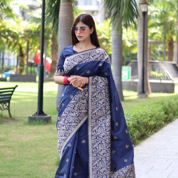 Jyoti Fashion Women's Navy Blue Handloom Raw Silk Weaving Pallu Traditional Saree with Blouse - Distacart