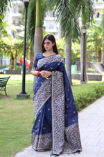 Thumbnail for Jyoti Fashion Women's Navy Blue Handloom Raw Silk Weaving Pallu Traditional Saree with Blouse - Distacart