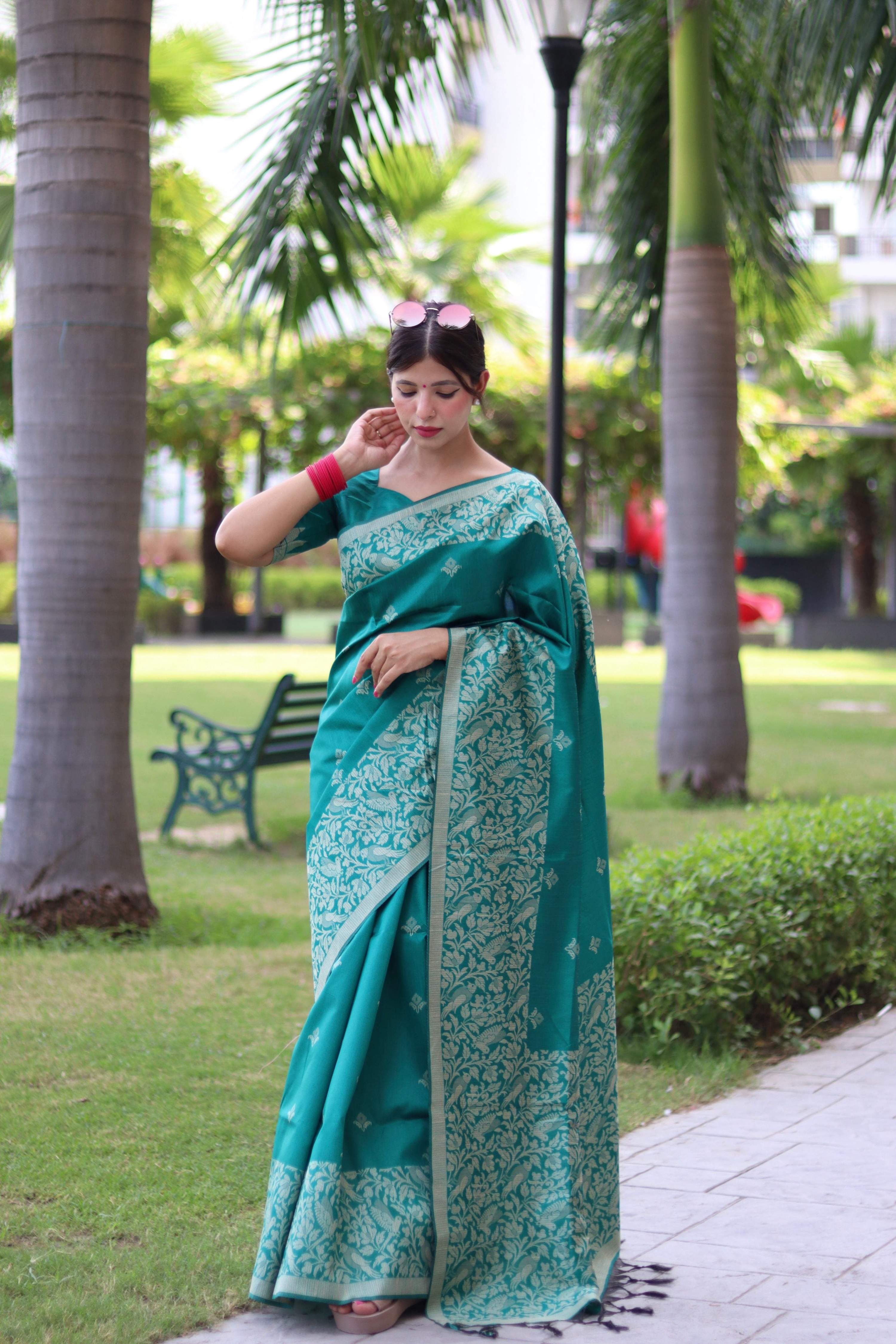Jyoti Fashion Women's Rama Handloom Raw Silk Weaving Pallu Traditional Saree with Blouse - Distacart