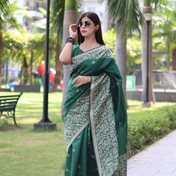 Jyoti Fashion Women's Green Handloom Raw Silk Weaving Pallu Traditional Saree with Blouse - Distacart