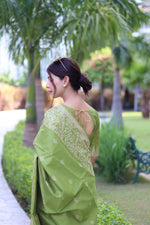 Thumbnail for Jyoti Fashion Women's Mehendi Handloom Raw Silk Weaving Pallu Traditional Saree with Blouse - Distacart